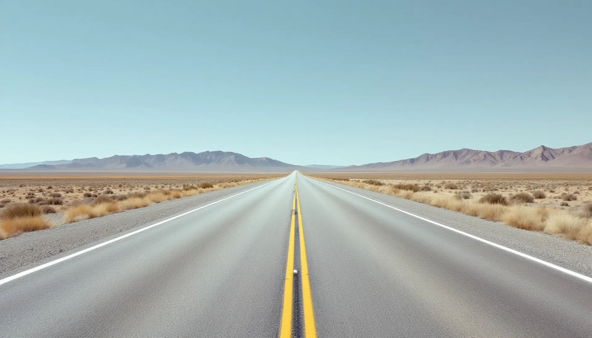 An empty two-lane desert highway with a yellow centre line running to the horizon